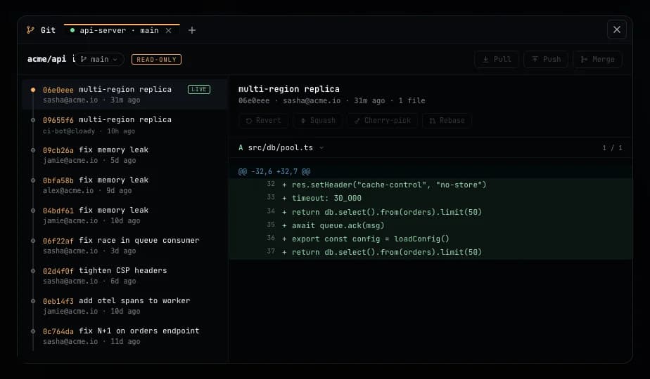Cloady Git · history and diff, read-only on production